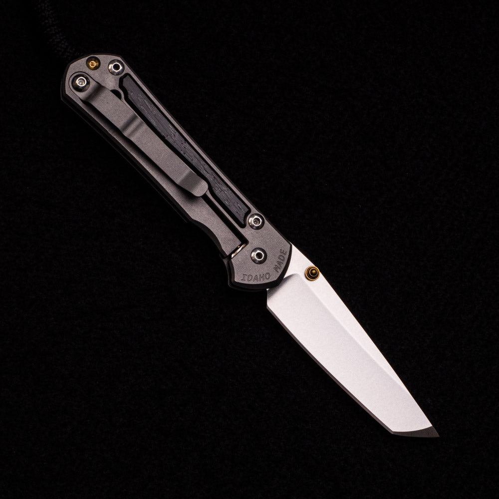 CHRIS REEVE SMALL SEBENZA 31 BOG OAK INLAY – CPM MAGNACUT TANTO BLADE – GOLD DOUBLE THUMB LUGS