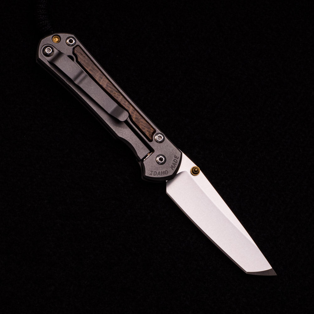 CHRIS REEVE SMALL SEBENZA 31 BOG OAK INLAY – CPM MAGNACUT TANTO BLADE – GOLD DOUBLE THUMB LUGS