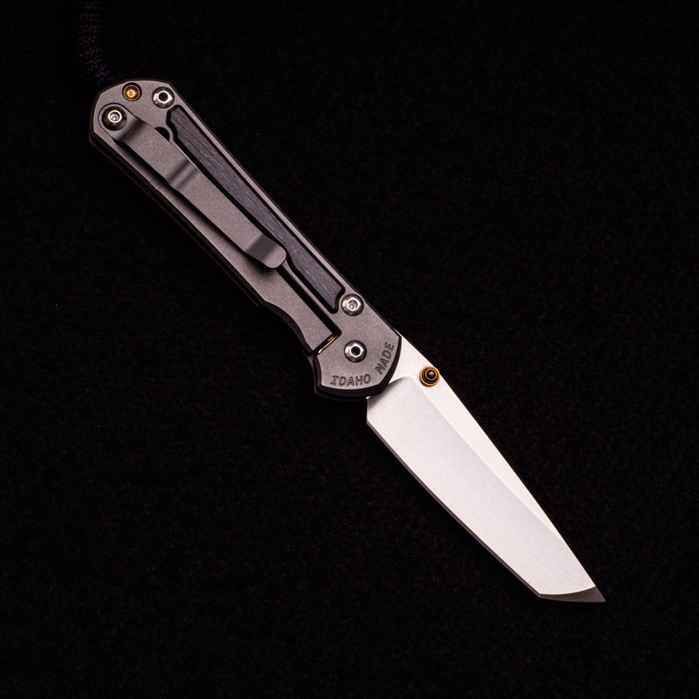 CHRIS REEVE SMALL SEBENZA 31 BOG OAK INLAY – CPM MAGNACUT TANTO BLADE – GOLD DOUBLE THUMB LUGS