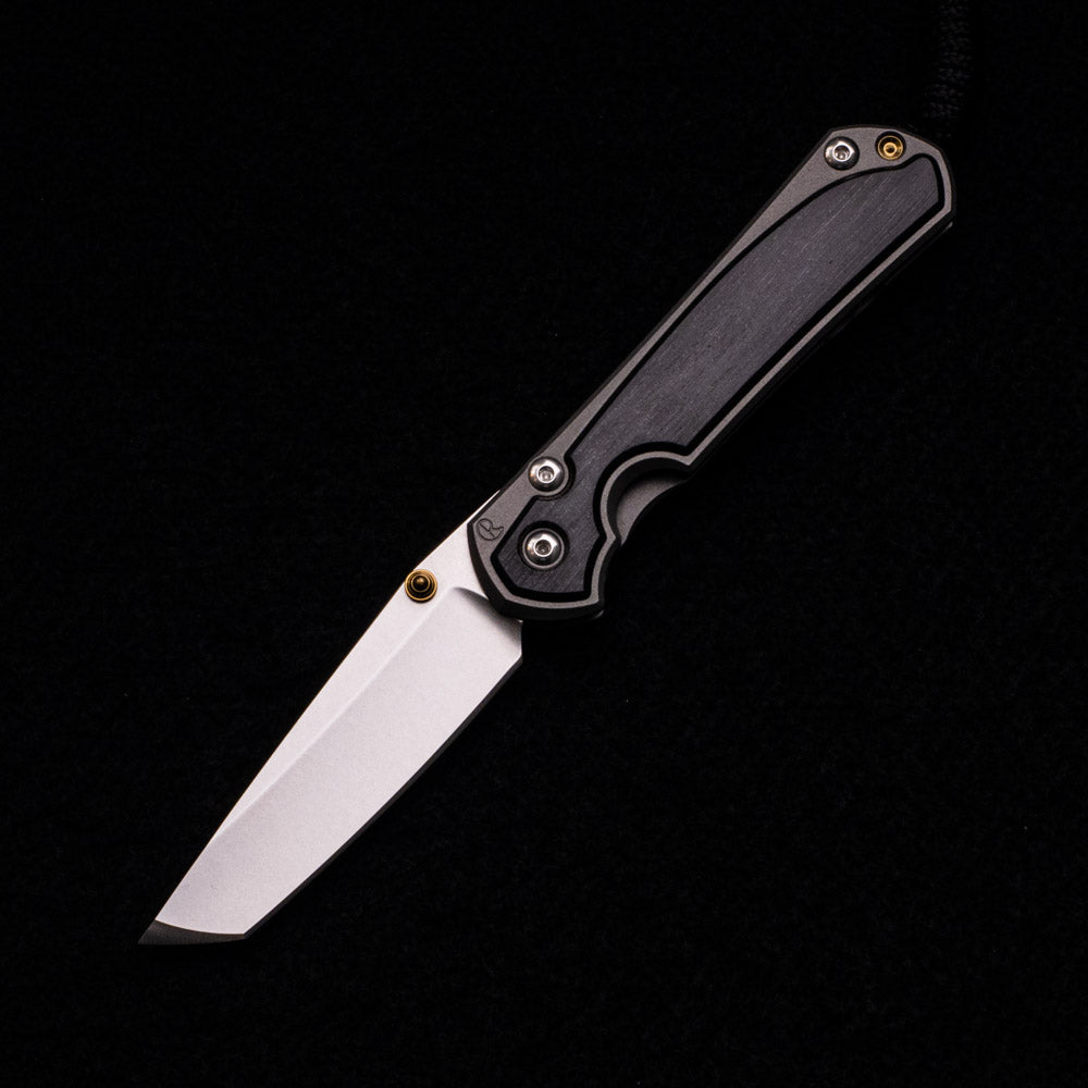 CHRIS REEVE SMALL SEBENZA 31 BOG OAK INLAY – CPM MAGNACUT TANTO BLADE – GOLD DOUBLE THUMB LUGS