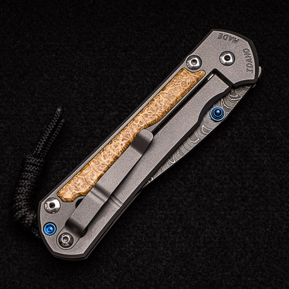 CHRIS REEVE LARGE SEBENZA 31 BOX ELDER BURL INLAY - BOOMERANG BLADE - BLUE DOUBLE THUMB LUGS