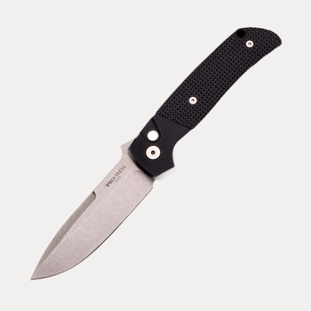 Pro-Tech Knives Terzuola ATCF Auto – Black Handle – Textured Black G10 Inlays – Pearl Button – Stonewash MagnaCut Blade