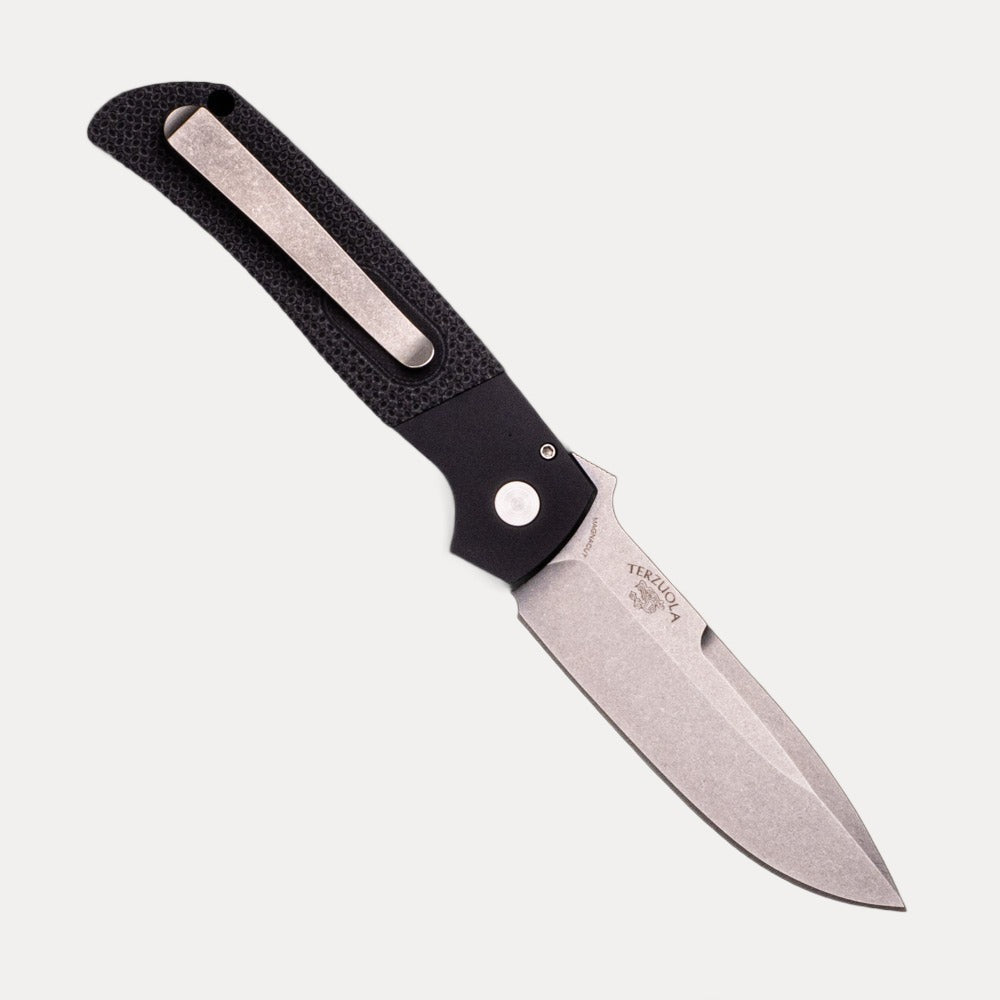 Pro-Tech Knives Terzuola ATCF Auto – Black Handle – Textured Black G10 Inlays – Pearl Button – Stonewash MagnaCut Blade