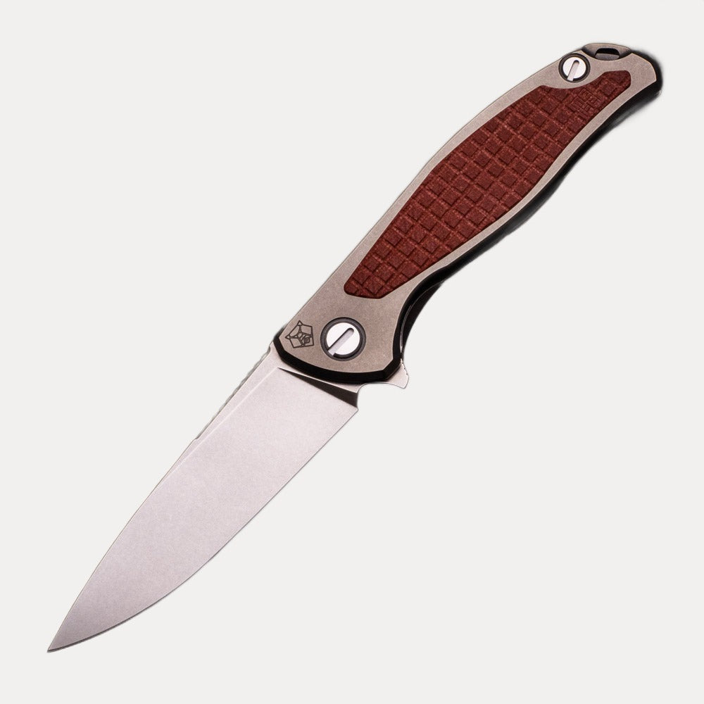 SHIROGOROV F95NL – M390 BLADE – STONEWASHED TITANIUM HANDLE W- FRAG PATTERN RED G10 INLAY- MRBS