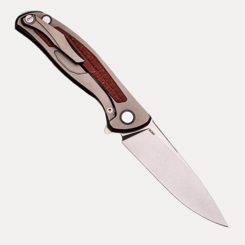 SHIROGOROV F95NL – M390 BLADE – STONEWASHED TITANIUM HANDLE W- FRAG PATTERN RED G10 INLAY- MRBS