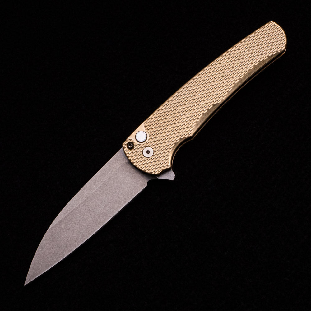 Pro-Tech Knives Malibu Flipper Bronze Custom – Textured Bronze AL Handle – MOP Push Button – Stonewash Finished MagnaCut Wharncliffe Blade 5311