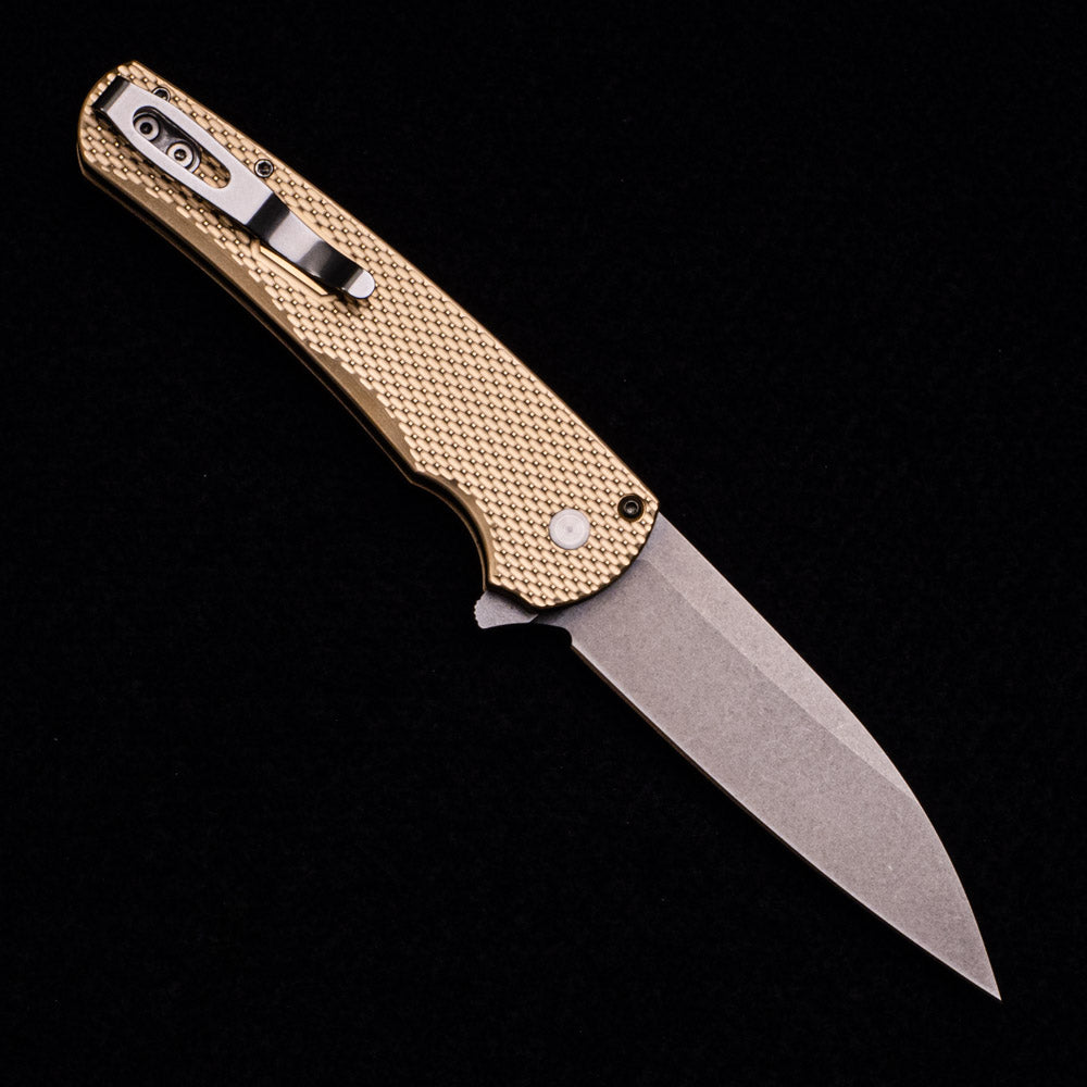 Pro-Tech Knives Malibu Flipper Bronze Custom – Textured Bronze AL Handle – MOP Push Button – Stonewash Finished MagnaCut Wharncliffe Blade 5311