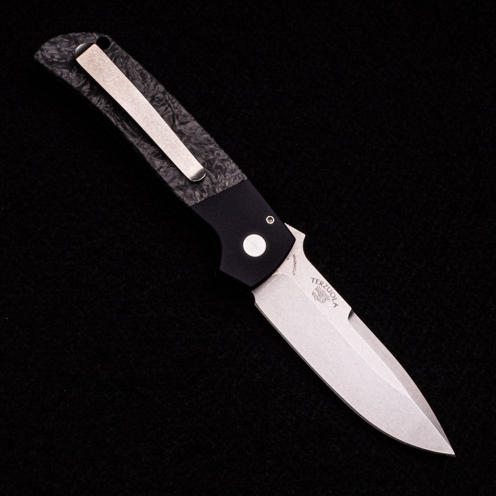 Pro-Tech Knives Terzuola ATCF Auto – Black Handle W- “Dark Matter” Carbon Fiber Inlays – Stonewash MagnaCut Blade BT2731