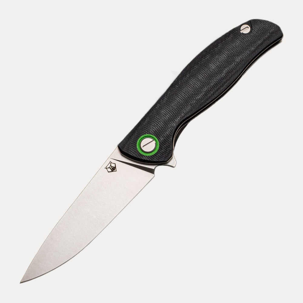 SHIROGOROV F3 - ELMAX FULL FLAT GRIND BLADE - BLACK MICARTA HANDLE W- GREEN ACCENTS - SRB