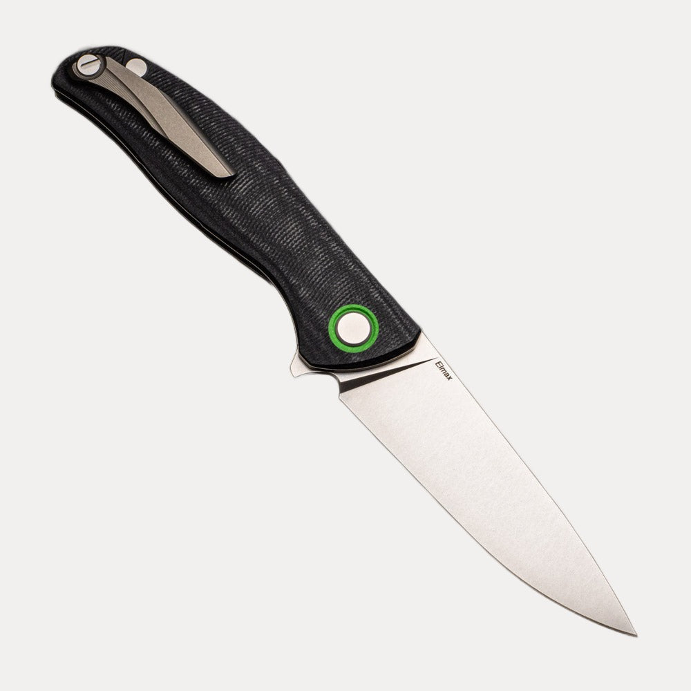 SHIROGOROV F3 - ELMAX FULL FLAT GRIND BLADE - BLACK MICARTA HANDLE W- GREEN ACCENTS - SRB