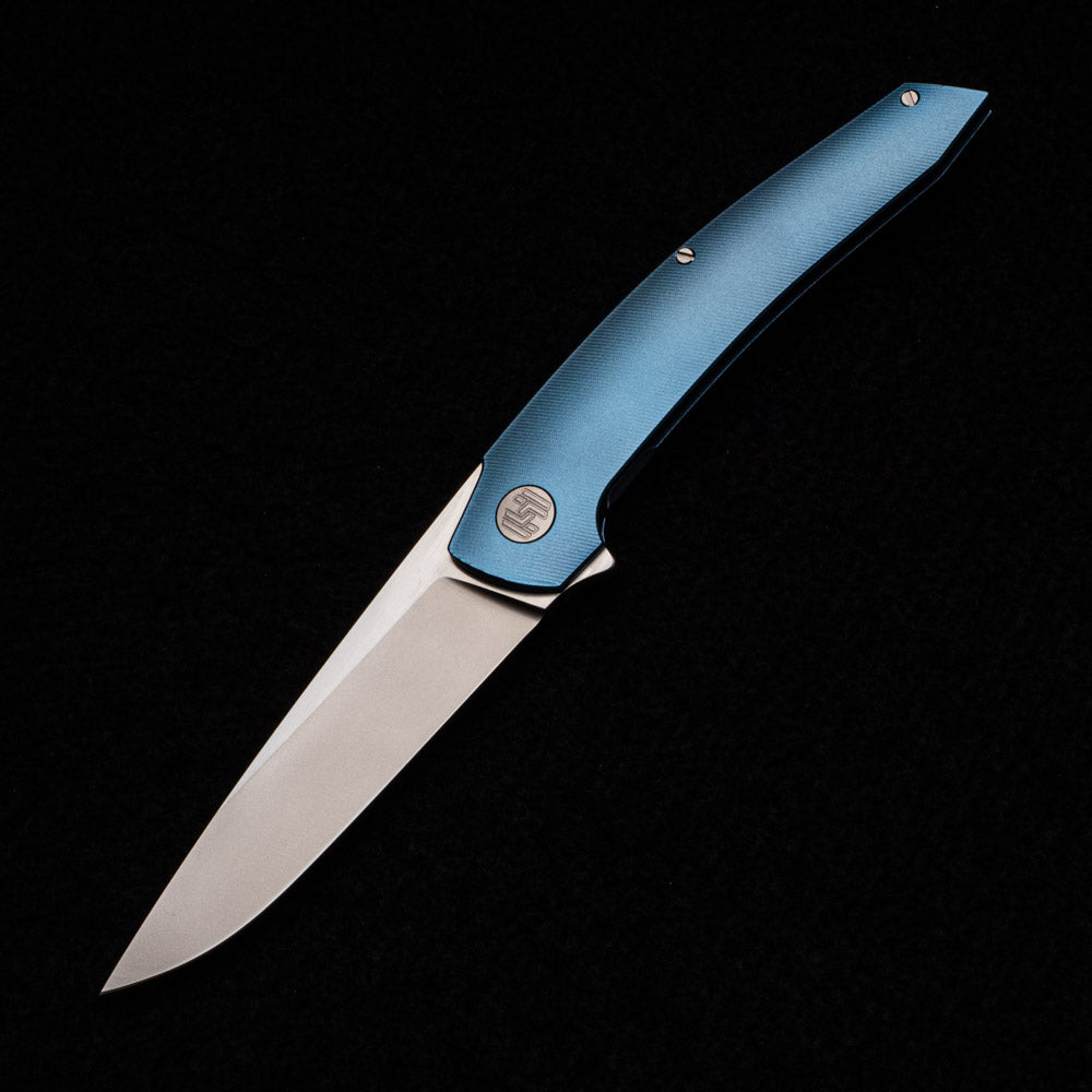 Hog House Knives Model T – RWL34 BLADE W- Satin Flats – Blue TI W- SILVER