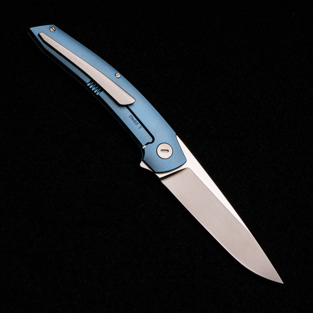 Hog House Knives Model T – RWL34 BLADE W- Satin Flats – Blue TI W- SILVER