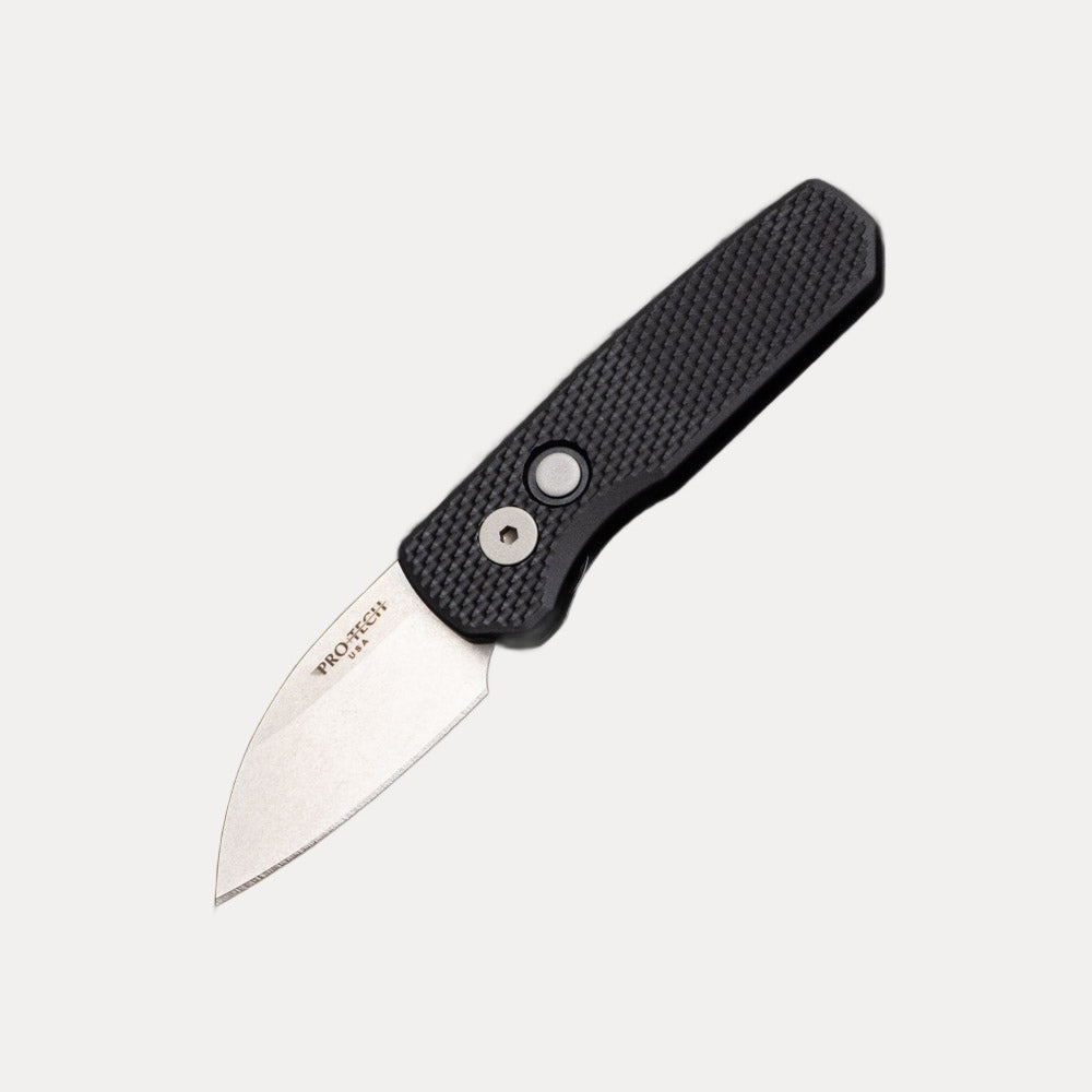 Pro-Tech Knives Runt 5 - Textured Black Aluminum Handle - Stonewash 20-CV Wharncliffe Blade - R5105