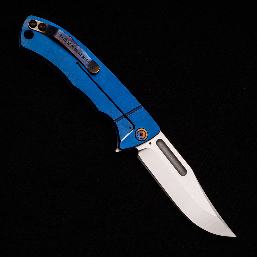 Vehement Knives Mongrel – S45VN Blade – Blue Titanium Handle – Flamed Hardware