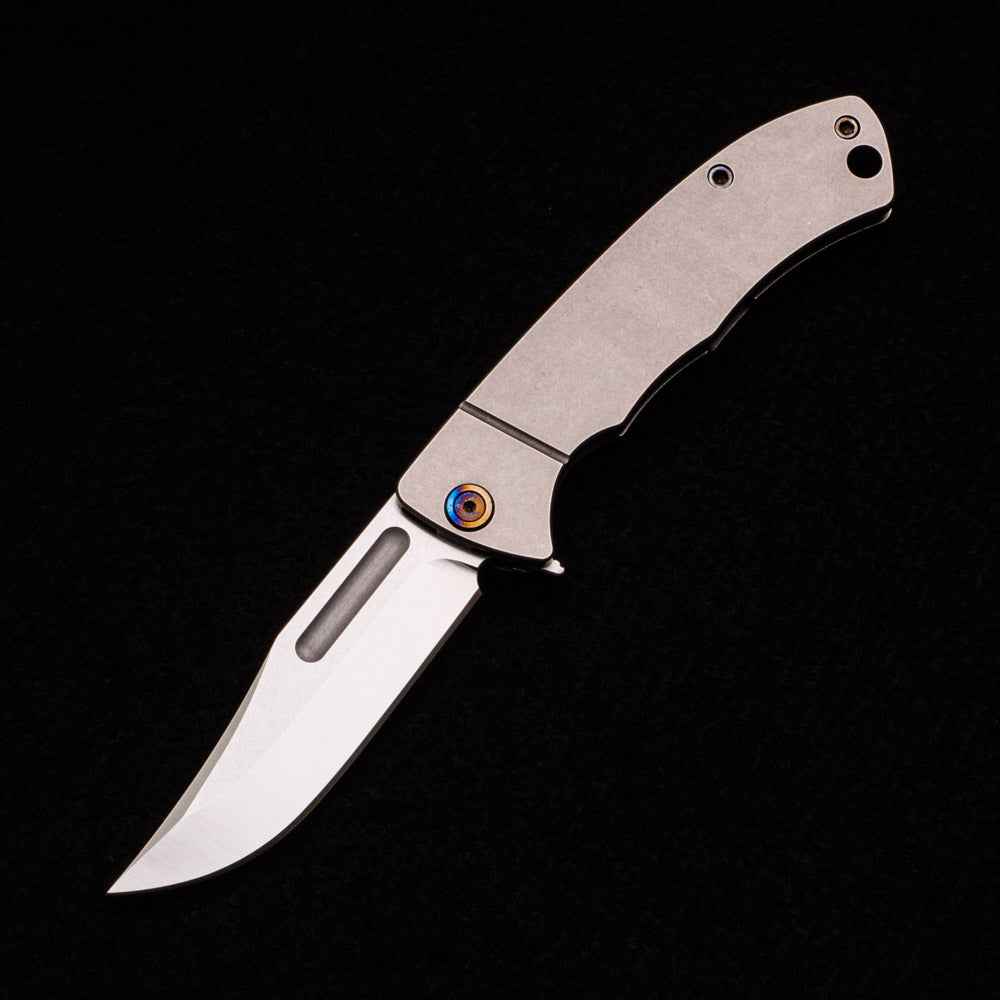 Vehement Knives Mongrel – S45VN Blade – Stonewashed Titanium Handle – Flamed Hardware