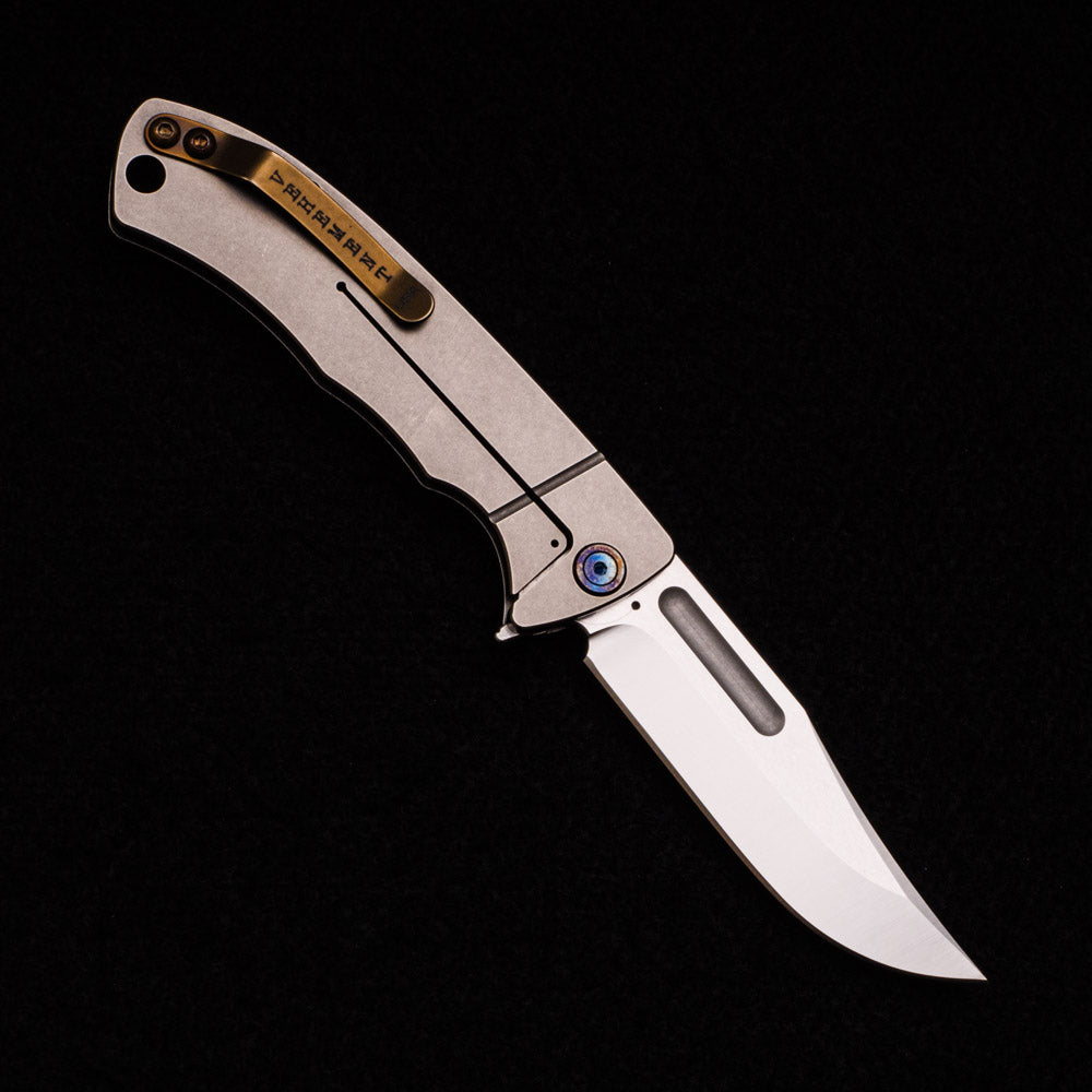 Vehement Knives Mongrel – S45VN Blade – Stonewashed Titanium Handle – Flamed Hardware