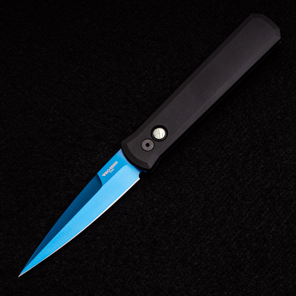 Pro-Tech Knives GODFATHER – Solid Black Handle – Satin Sapphire Blue 154CM Blade – Abalone Button 921 SB