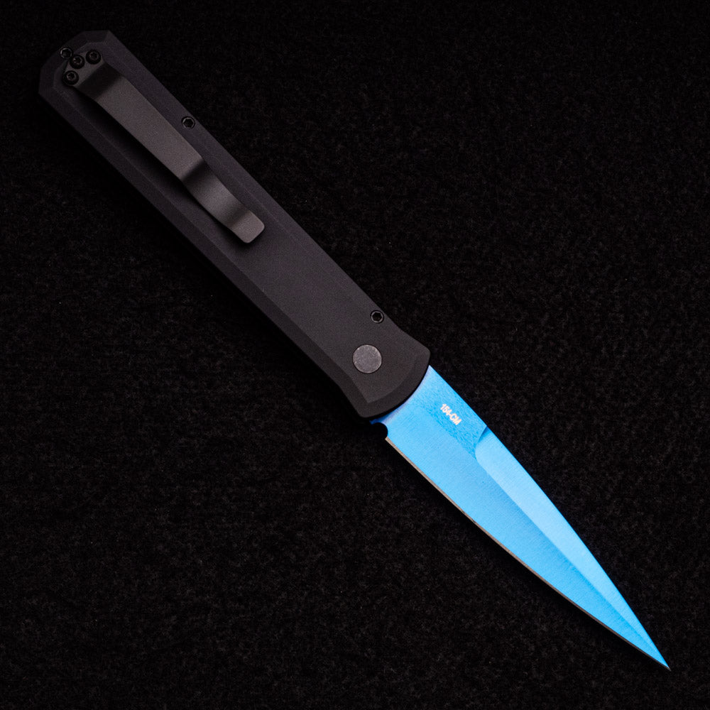 Pro-Tech Knives GODFATHER – Solid Black Handle – Satin Sapphire Blue 154CM Blade – Abalone Button 921 SB