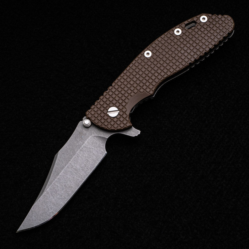 Hinderer Knives XM-24 4.0″ – Bowie CPM 20CV Blade – Tri-Way – Stonewash – Monkey Edge Frag Pattern Coyote G10 Scales