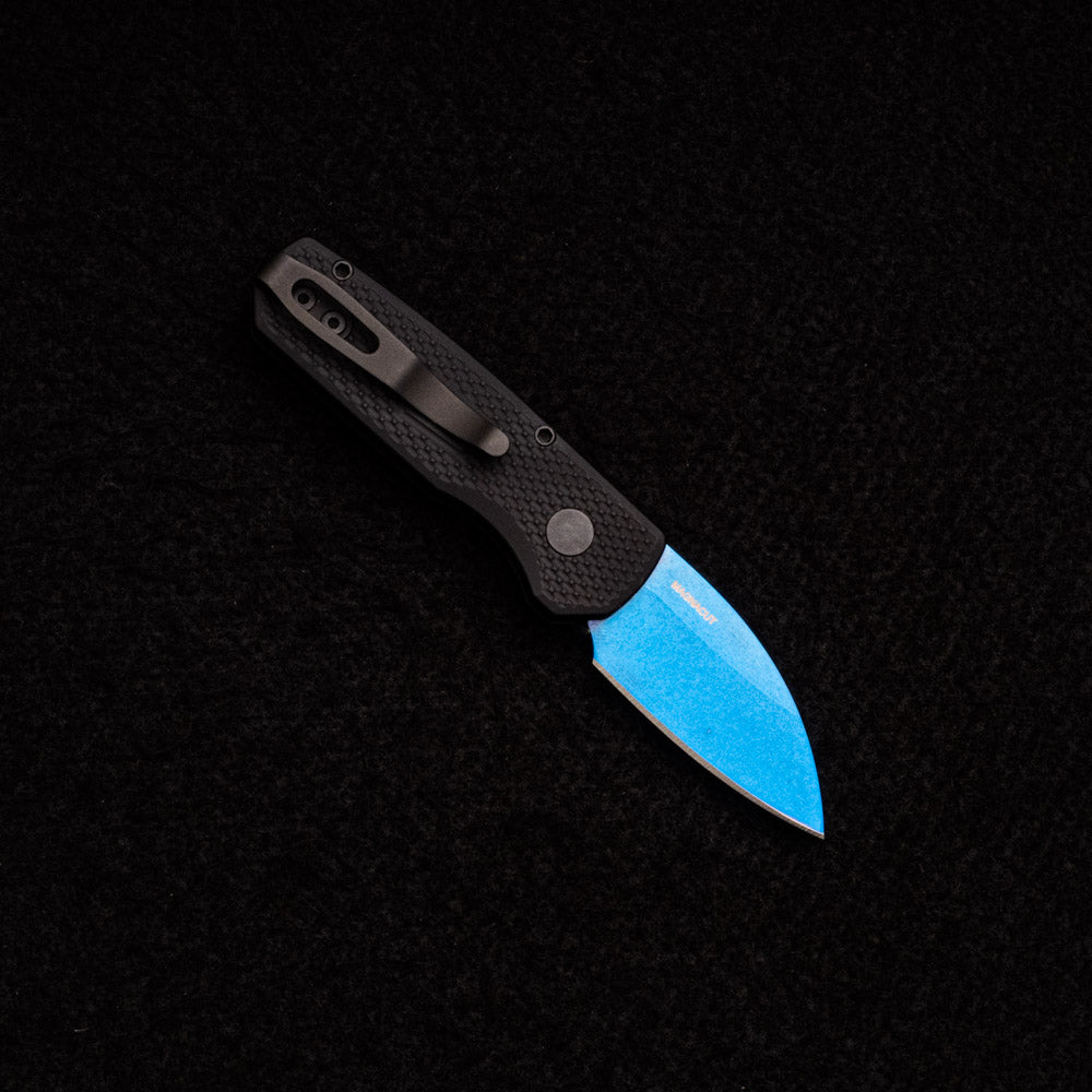 Pro-Tech Knives Runt 5 - Textured Black Handle - Abalone Button - Stonewash Sapphire Blue MagnaCut Wharncliffe Blade