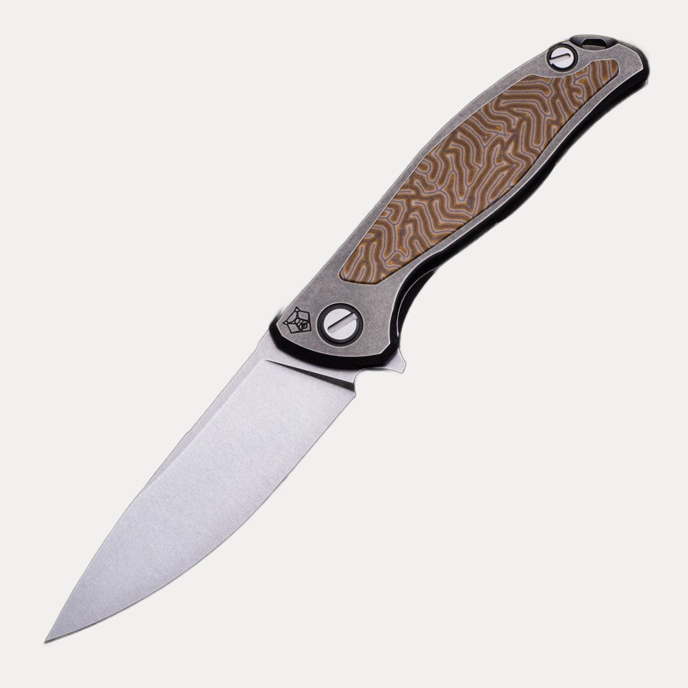 SHIROGOROV F95NL – CROMAX PM BLADE – STONEWASHED TITANIUM HANDLE W- YELLOW CRAZY MICARTA INLAY- SRBS