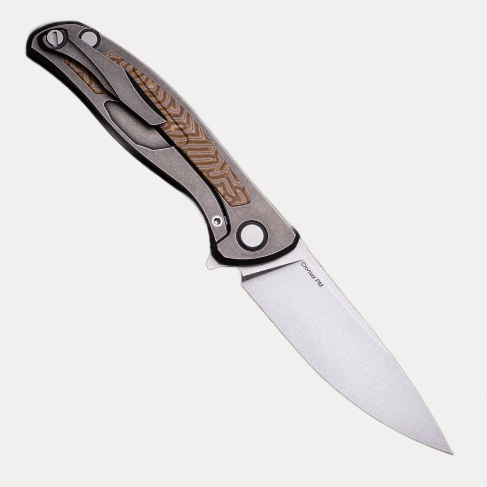 SHIROGOROV F95NL – CROMAX PM BLADE – STONEWASHED TITANIUM HANDLE W- YELLOW CRAZY MICARTA INLAY- SRBS