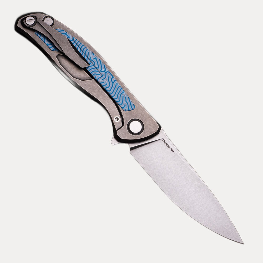 SHIROGOROV F95NL – CROMAX PM BLADE – STONEWASHED TITANIUM HANDLE W- BLUE CRAZY MICARTA INLAY- SRBS