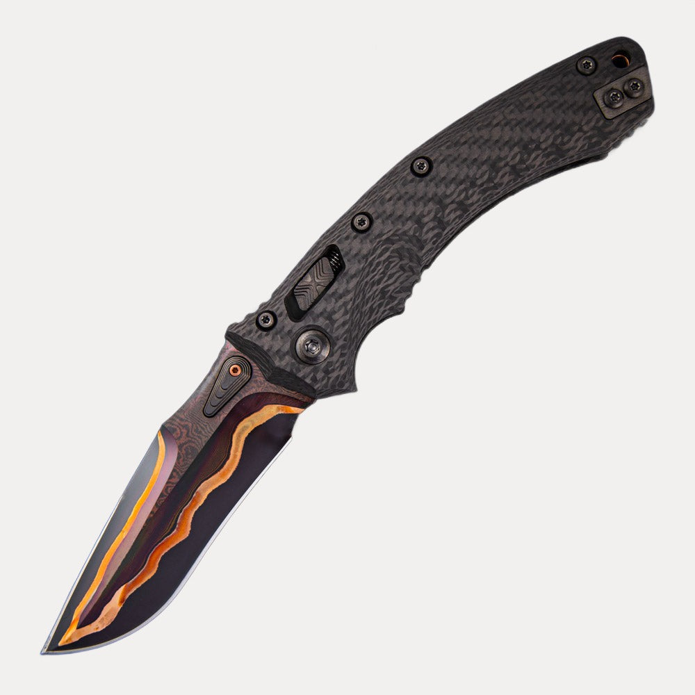 Anthony Marfione Amphibian – Hot Blued Tiger Mai Baker Forge – Carbon Fiber W- Stippled Copper Backspacer & DLC Two-Tone Hardware