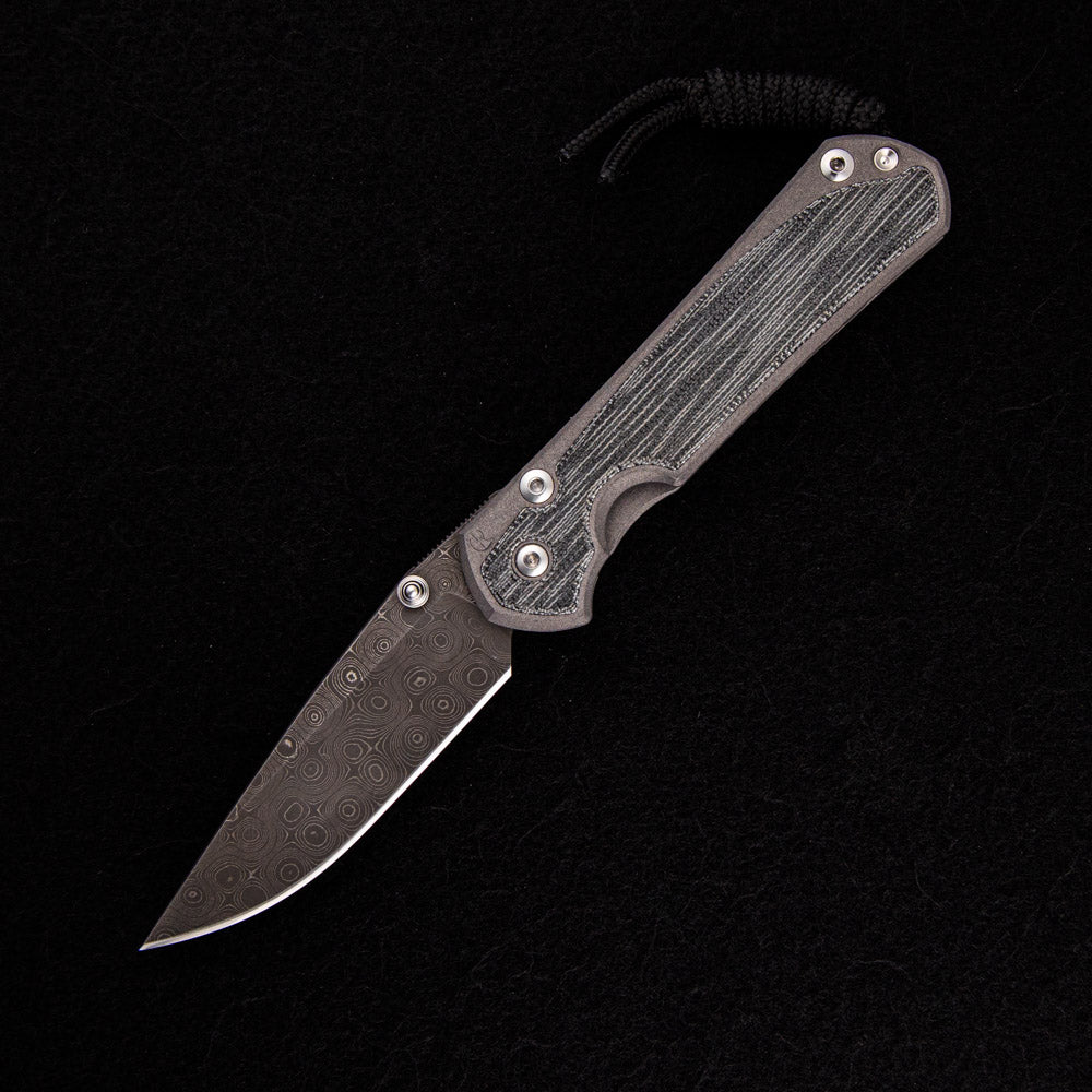 CHRIS REEVE SMALL SEBENZA 31 BLACK CANVAS MICARTA INLAY – RAINDROP BLADE – SILVER DOUBLE THUMB LUGS