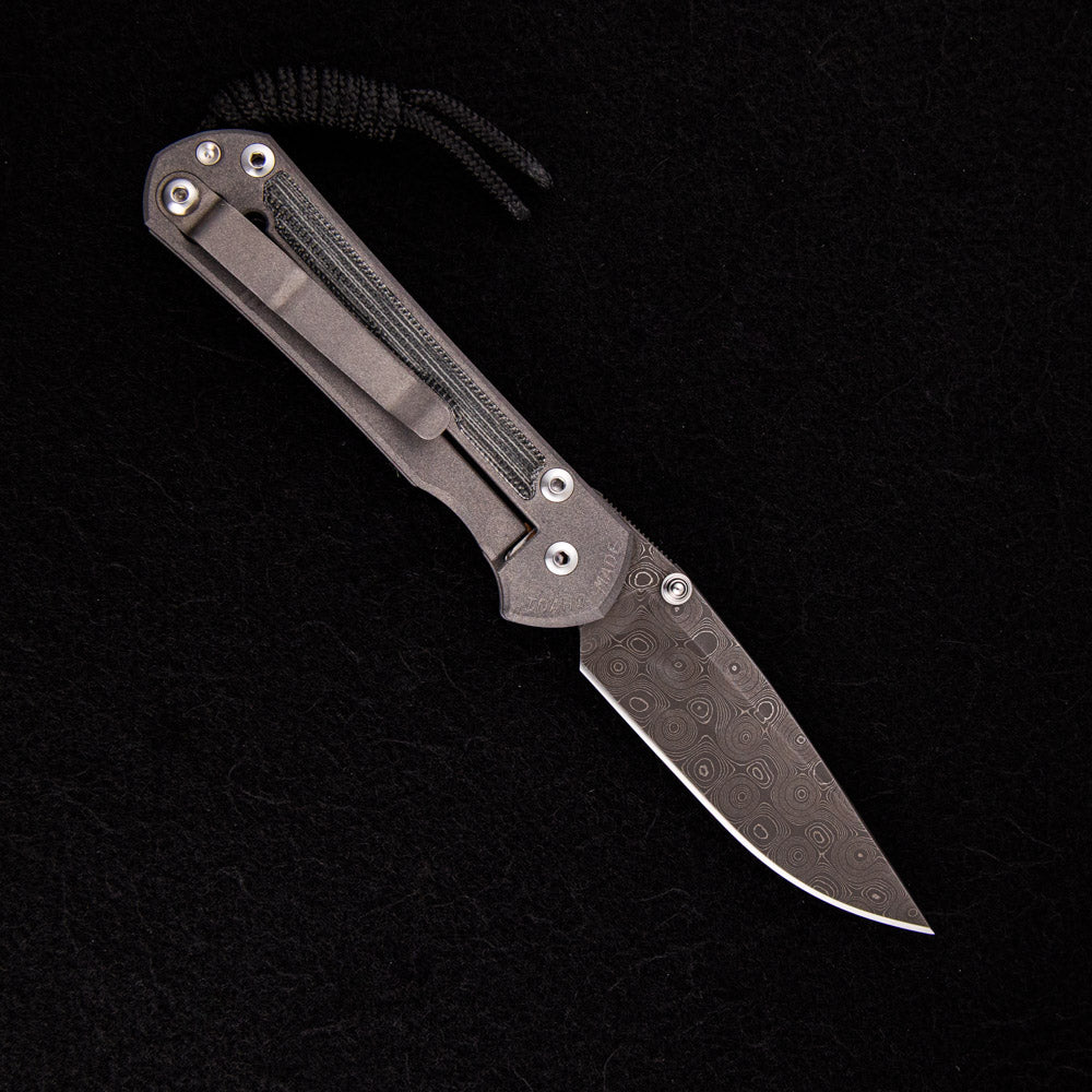 CHRIS REEVE SMALL SEBENZA 31 BLACK CANVAS MICARTA INLAY – RAINDROP BLADE – SILVER DOUBLE THUMB LUGS