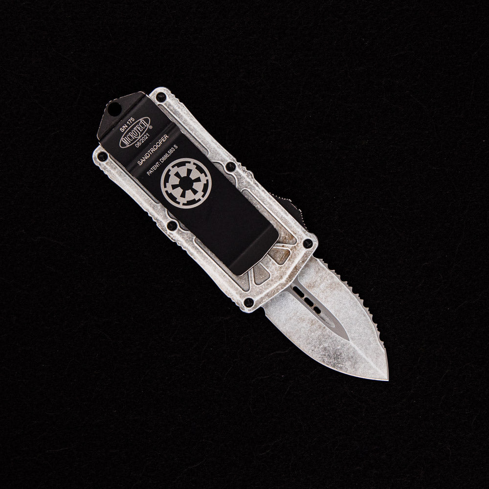 MICROTECH EXOCET / CA-LEGAL OTF KNIFE / MONEYCLIP SANDTROOPER STANDARD FULL SERRATED 157-3 SA