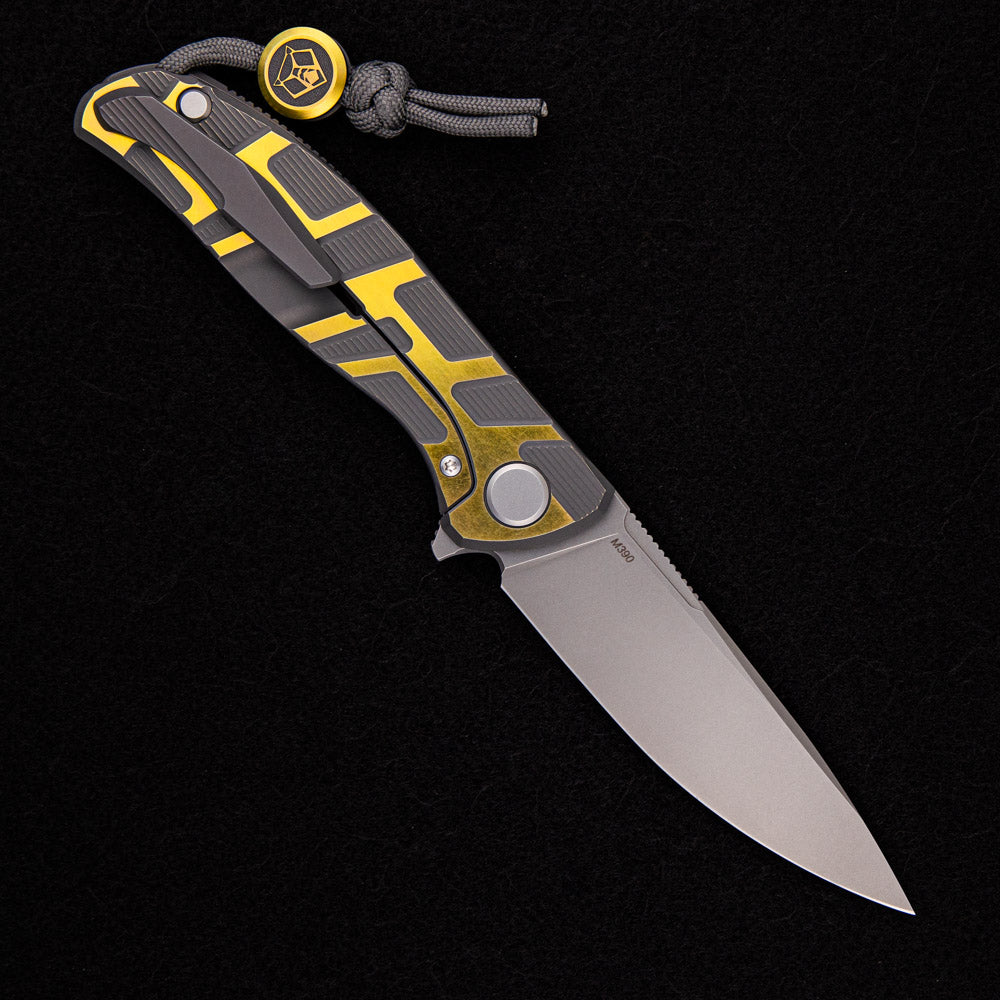 Shirogorov F95 T Pattern Gen 4 – Blade Show Edition – Grey/Yellow Ano Titanium Handle – M390 Blade – MRBS