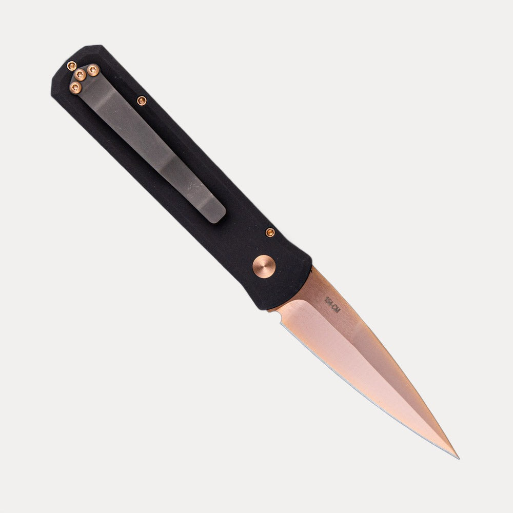 Pro-Tech Knives Godson – Solid Black Handle – Rose Gold 154CM Blade And Hardware 721-RG