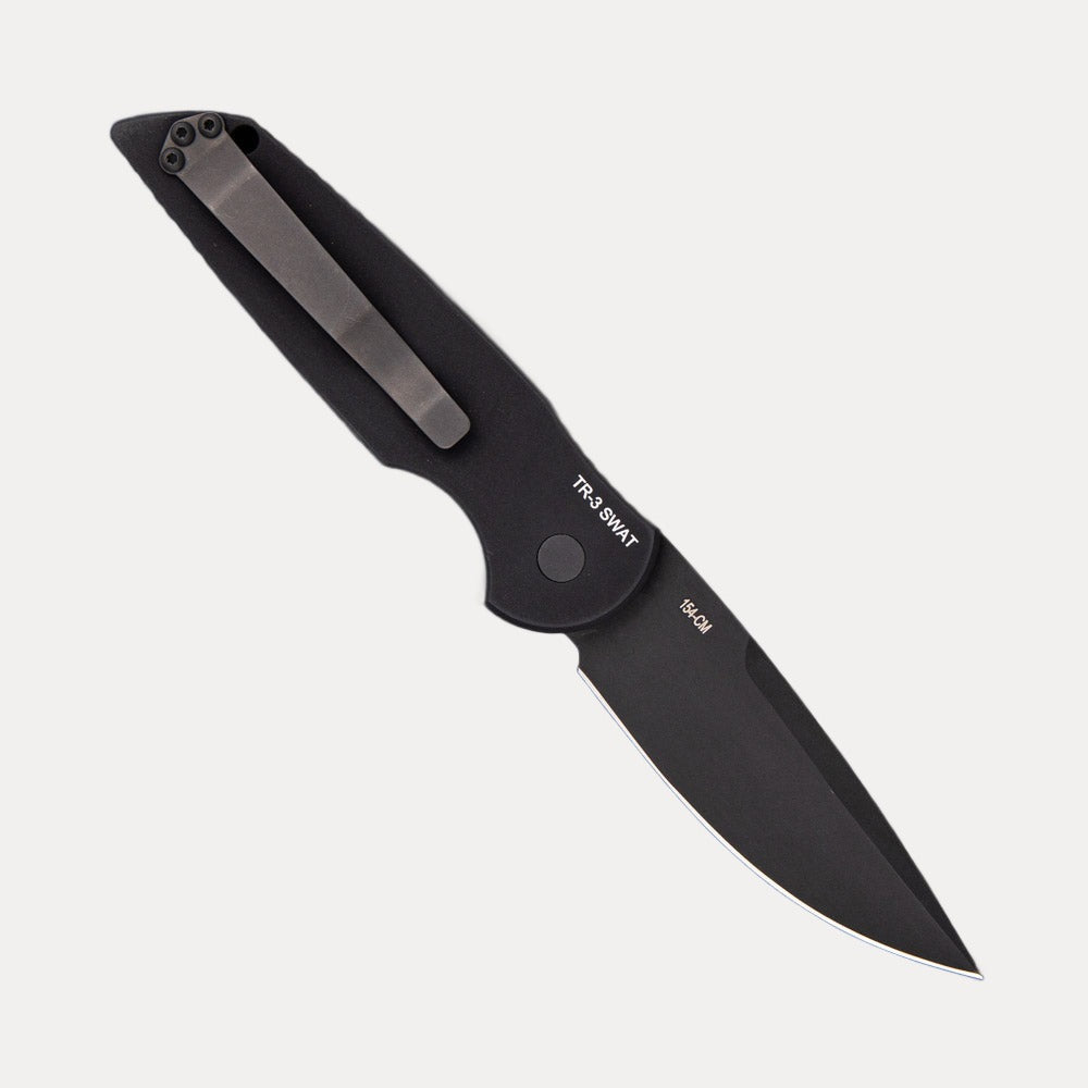 Pro-Tech Knives TR-3 SWAT – Tactical Response 3 – Black Aluminum Handle W/ Grooves – Black 154CM Blade