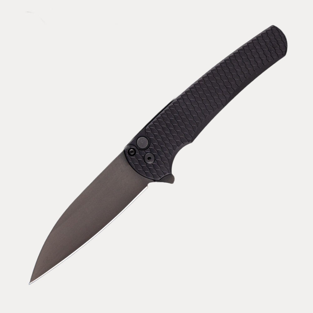 Pro-Tech Knives Malibu Flipper Ltd. – “Dragon Scale” Black Aluminum Handle – DLC Black Magnacut Wharncliffe Blade 5336