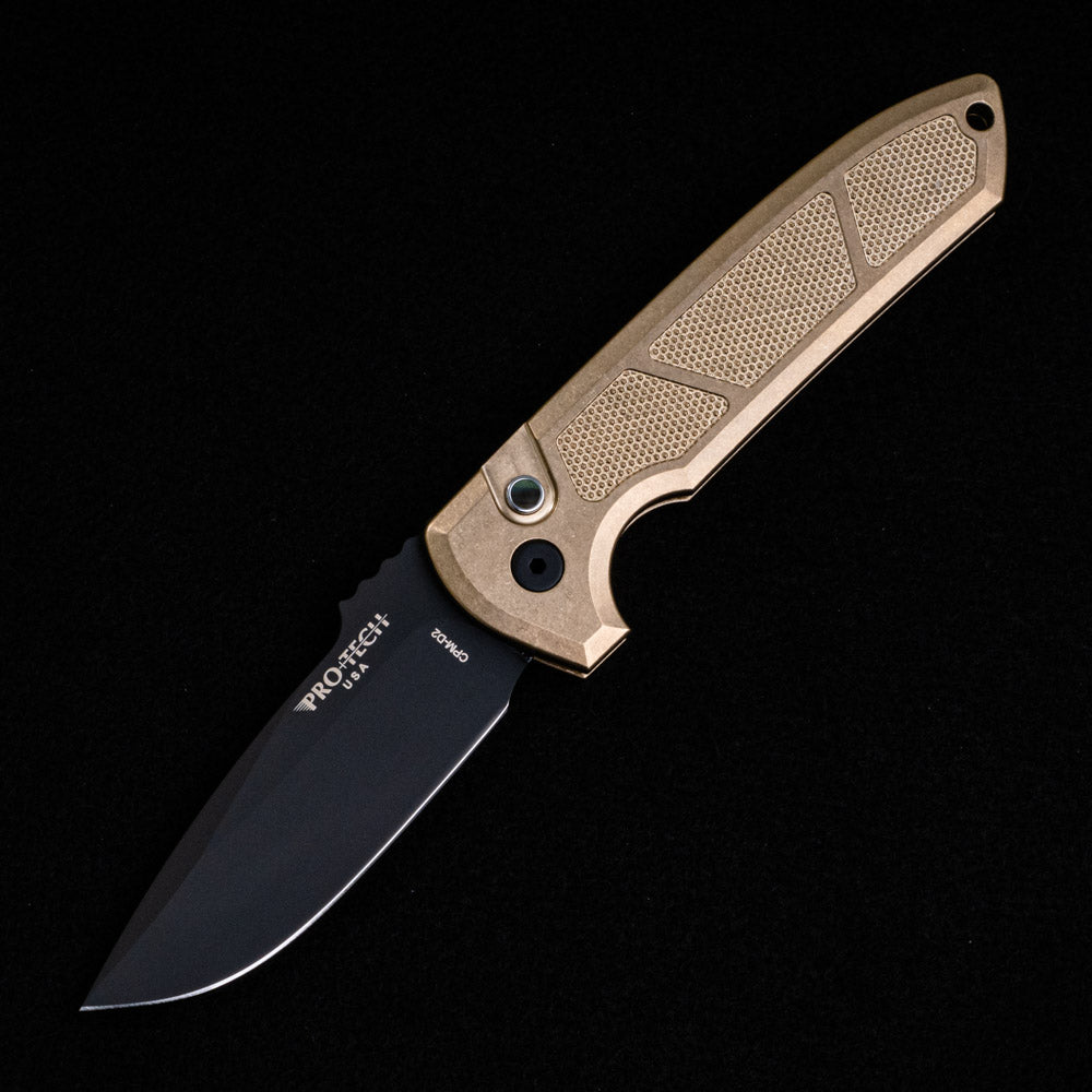 Pro-Tech Knives Rockeye Auto – Custom – Textured AL Bronze Handle – DLC Black CPM D2 Blade – Black MOP Button – LG336-D2