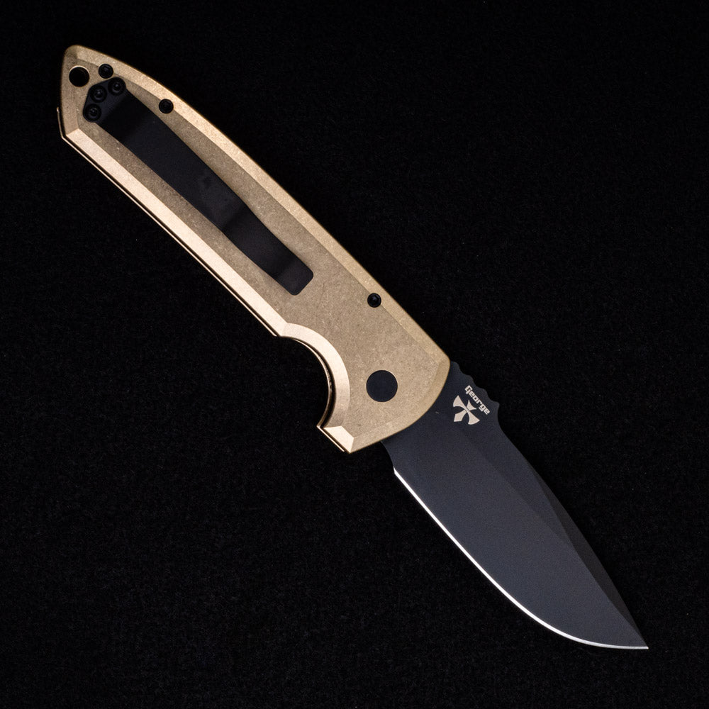 Pro-Tech Knives Rockeye Auto – Custom – Textured AL Bronze Handle – DLC Black CPM D2 Blade – Black MOP Button – LG336-D2