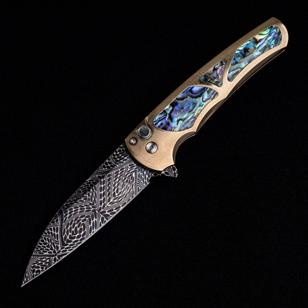 Pro-Tech Knives Malibu Flipper – 2023 Malibu Custom 010 – Bronze Ano Ti Handle With Abalone Inlays – Abalone Button – Nichols Mosaic Wharncliffe Blade