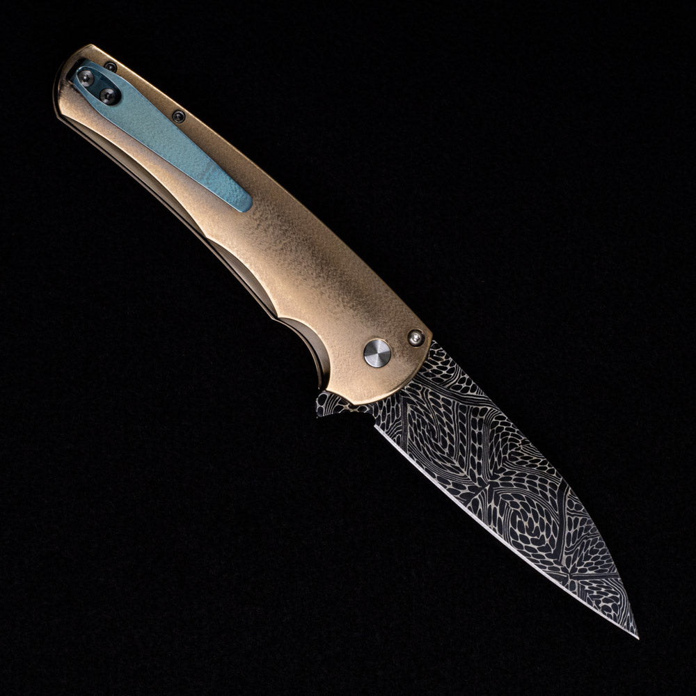 Pro-Tech Knives Malibu Flipper – 2023 Malibu Custom 010 – Bronze Ano Ti Handle With Abalone Inlays – Abalone Button – Nichols Mosaic Wharncliffe Blade