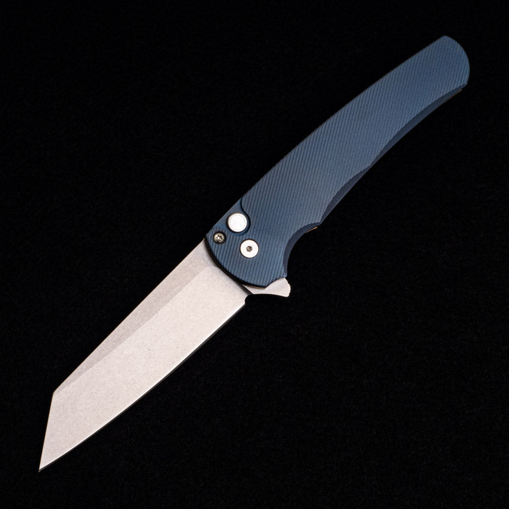 Pro-Tech Knives Malibu Flipper – 2023.006 Ti Custom – 3D Machined 2-Tone Matte Blue & Satin Bronze Ano Titanium Handle – Pearl Button – 20CV Reverse Tanto Blade