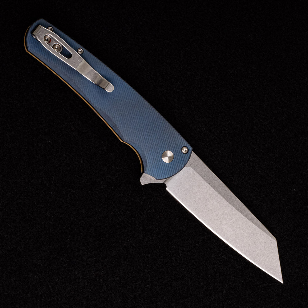 Pro-Tech Knives Malibu Flipper – 2023.006 Ti Custom – 3D Machined 2-Tone Matte Blue & Satin Bronze Ano Titanium Handle – Pearl Button – 20CV Reverse Tanto Blade