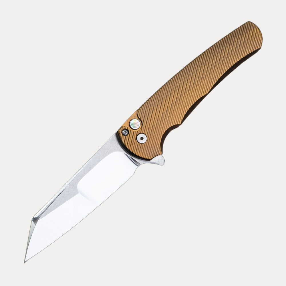 Pro-Tech Knives Malibu Flipper – 2023.007 Ti Custom – 3D Machined and Bronze Ano Titanium Handle – Abalone Button – Mike Irie Compound Ground Mirror Polished Blade