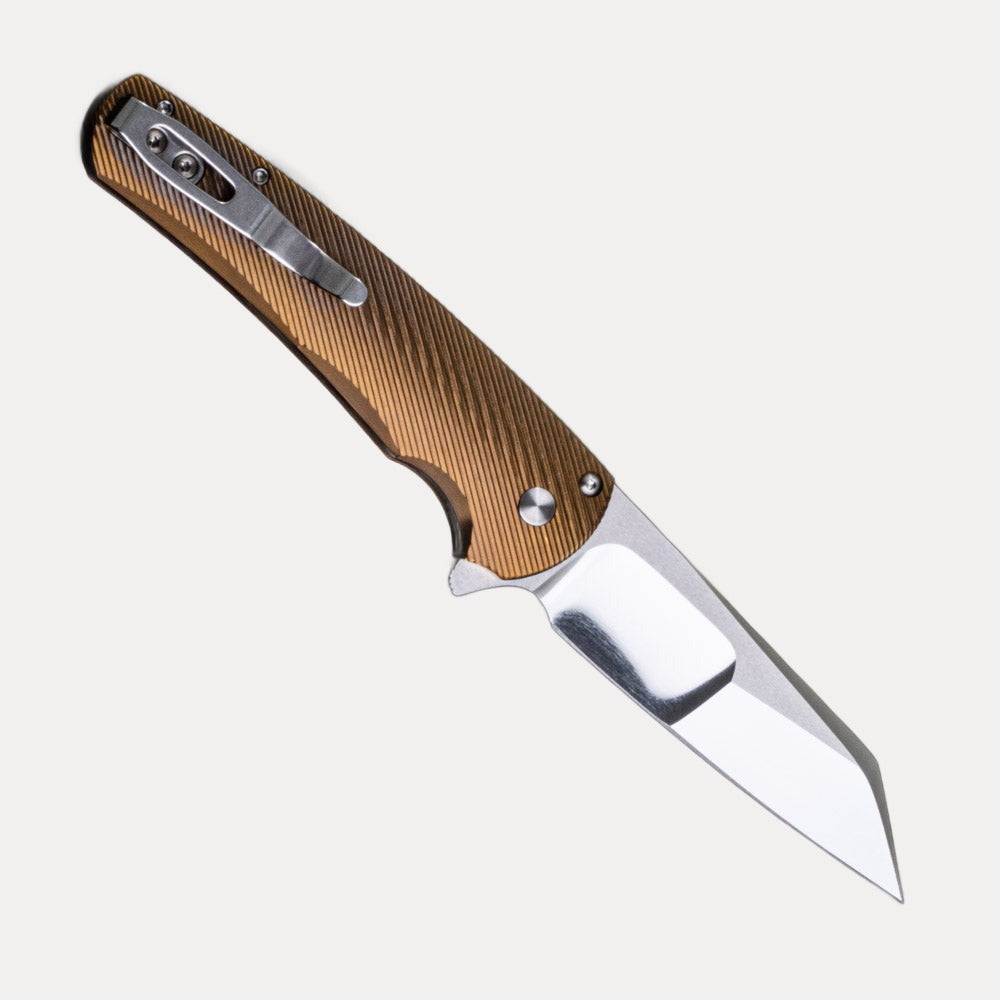 Pro-Tech Knives Malibu Flipper – 2023.007 Ti Custom – 3D Machined and Bronze Ano Titanium Handle – Abalone Button – Mike Irie Compound Ground Mirror Polished Blade