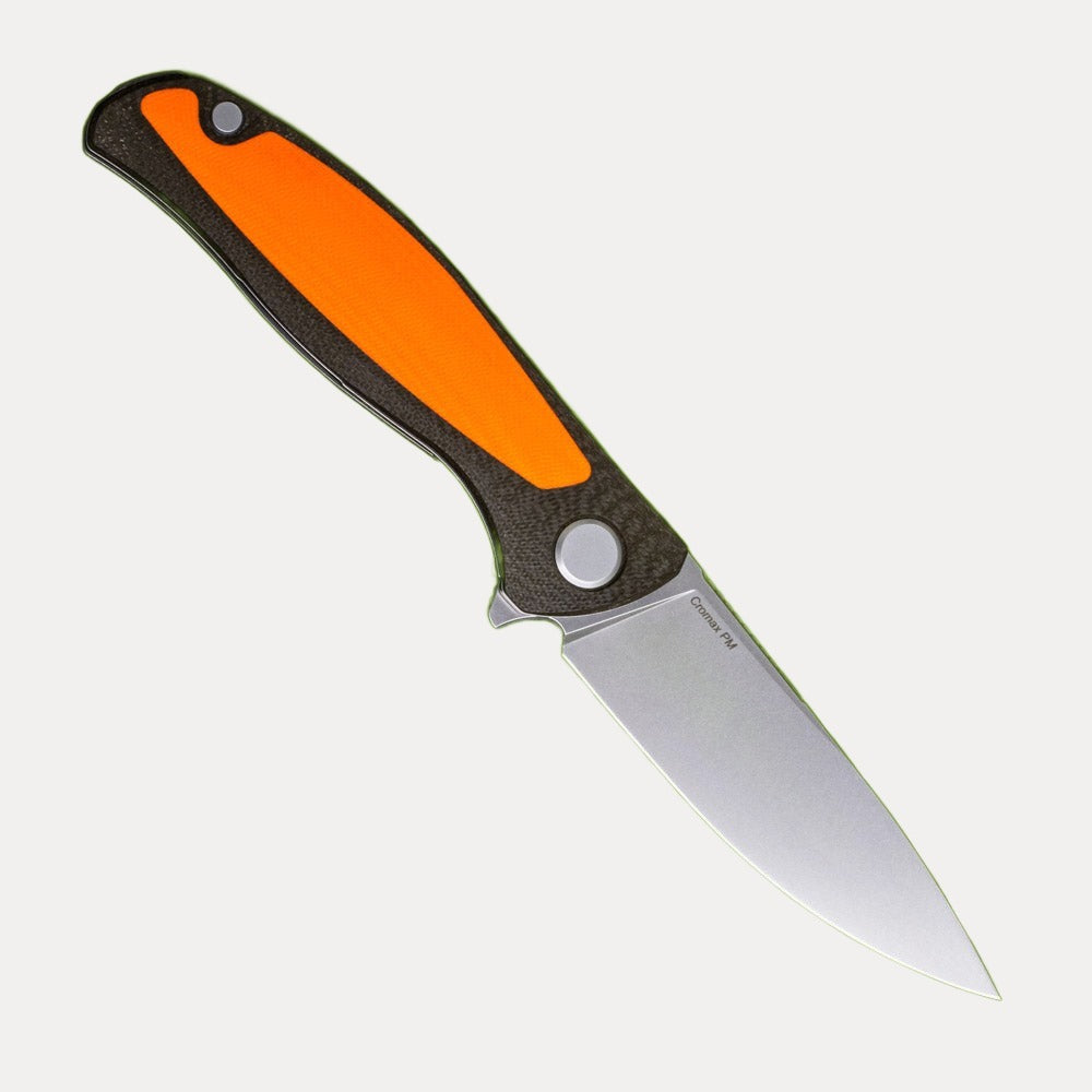 SHIROGOROV F3 – OUTDOOR SPECIAL EDITION – CROMAX PM BLADE – GREEN AND ORANGE G10 HANDLE – MRBS