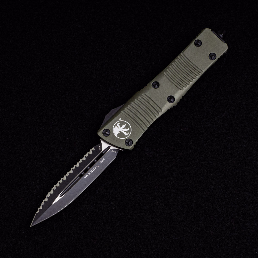 Microtech Troodon D-E – Full Serrated 204P Blade – OD Green Handle