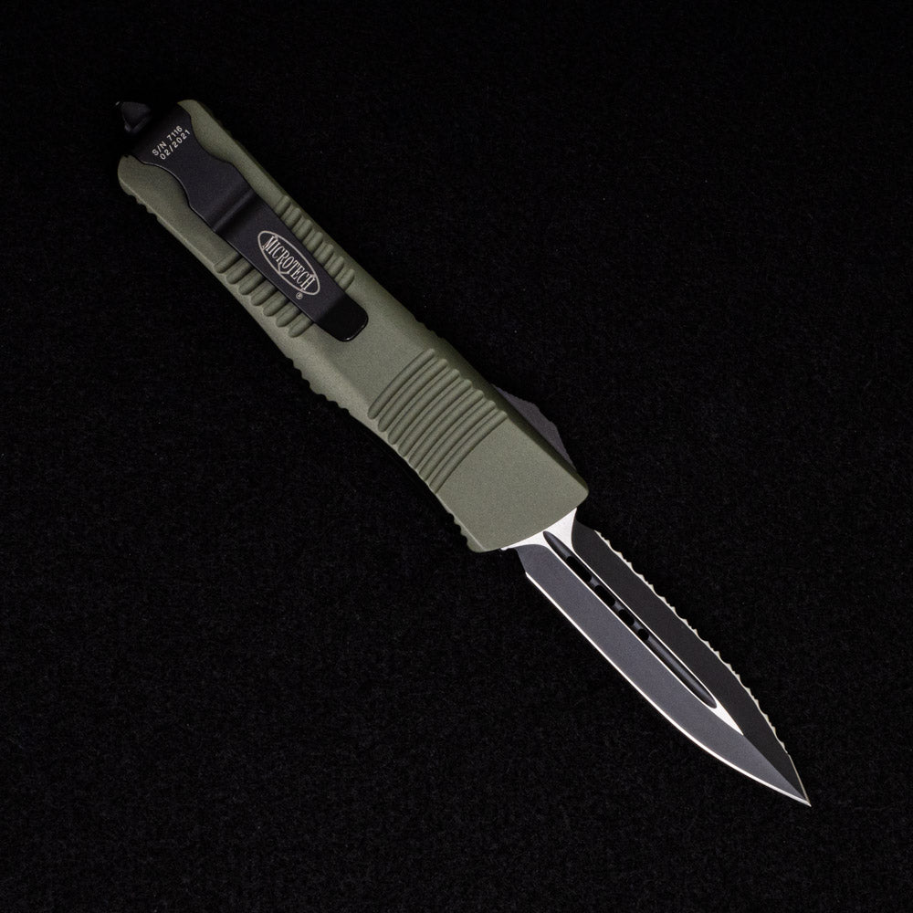 Microtech Troodon D-E – Full Serrated 204P Blade – OD Green Handle