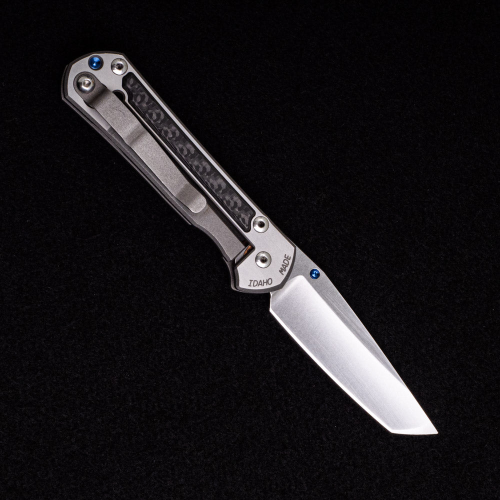 Chris Reeve Small Sebenza 21 – Carbon Fiber Inlay – Tanto CPM S35VN Blade – Blue Single Thumb Lug