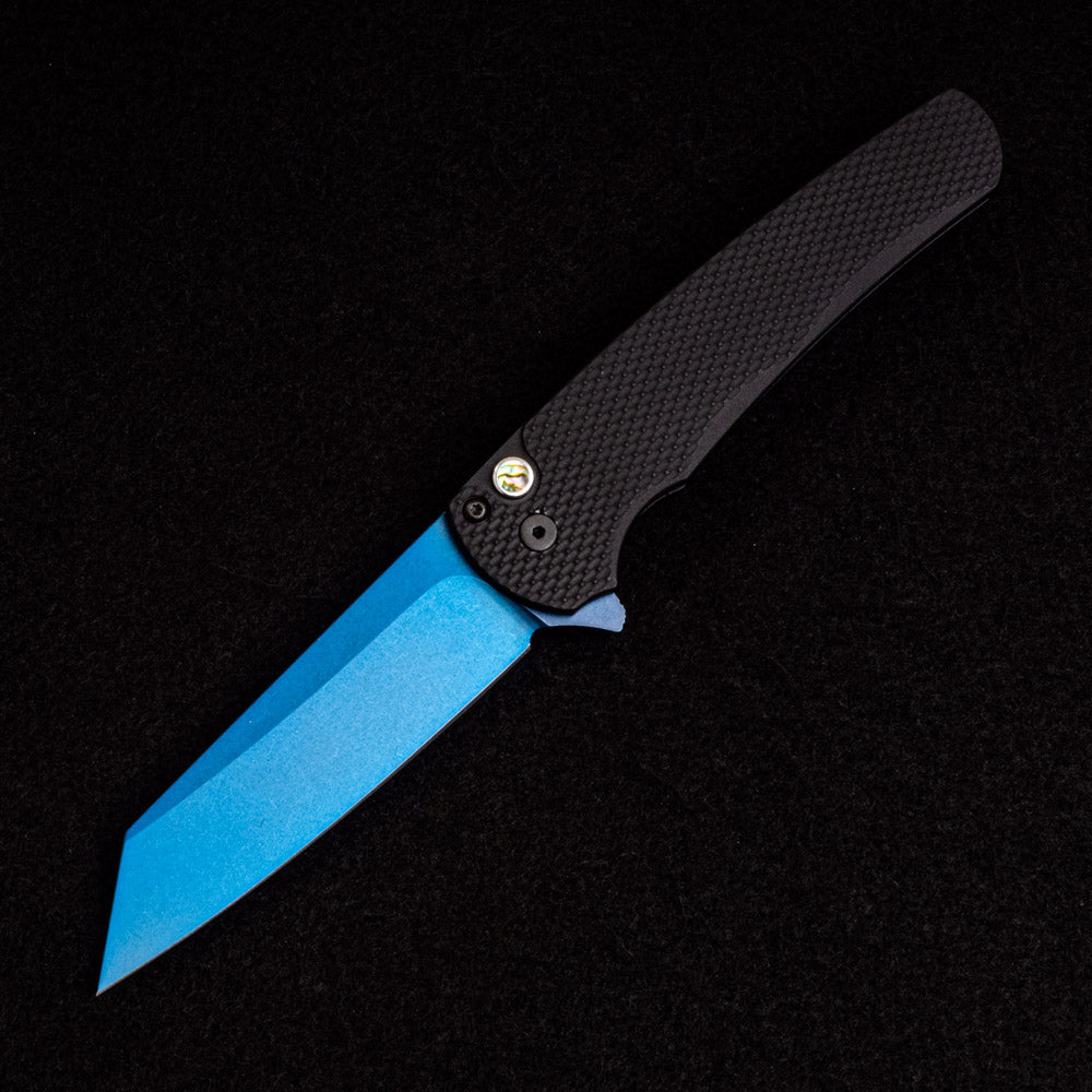 Pro-Tech Knives Malibu Flipper Ltd – Textured Black Handle – Black Hardware – Abalone Button – Stonewash Sapphire Blue 20CV Blade