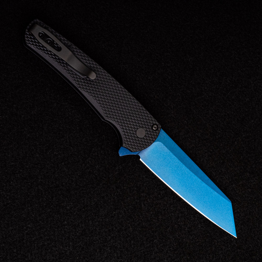 Pro-Tech Knives Malibu Flipper Ltd – Textured Black Handle – Black Hardware – Abalone Button – Stonewash Sapphire Blue 20CV Blade