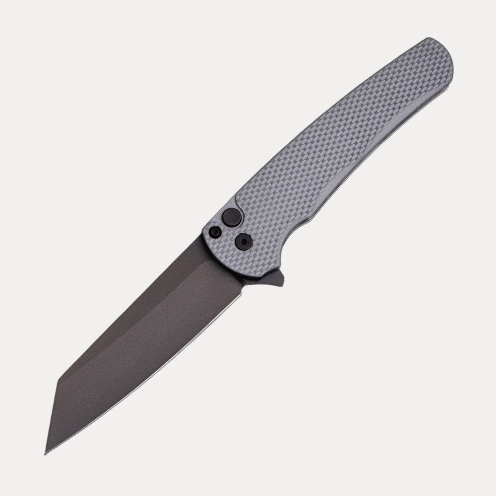 Pro-Tech Knives Malibu Flipper – Textured Grey Handle – Black DLC 20CV Reverse Tanto Blade